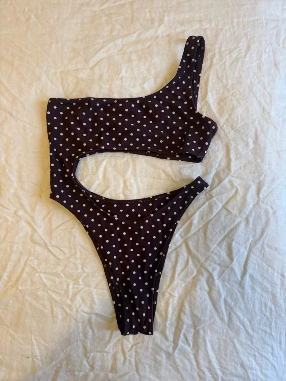 One-Shoulder Purple Polka Dot Cutout Swimsuit - Women's Swim